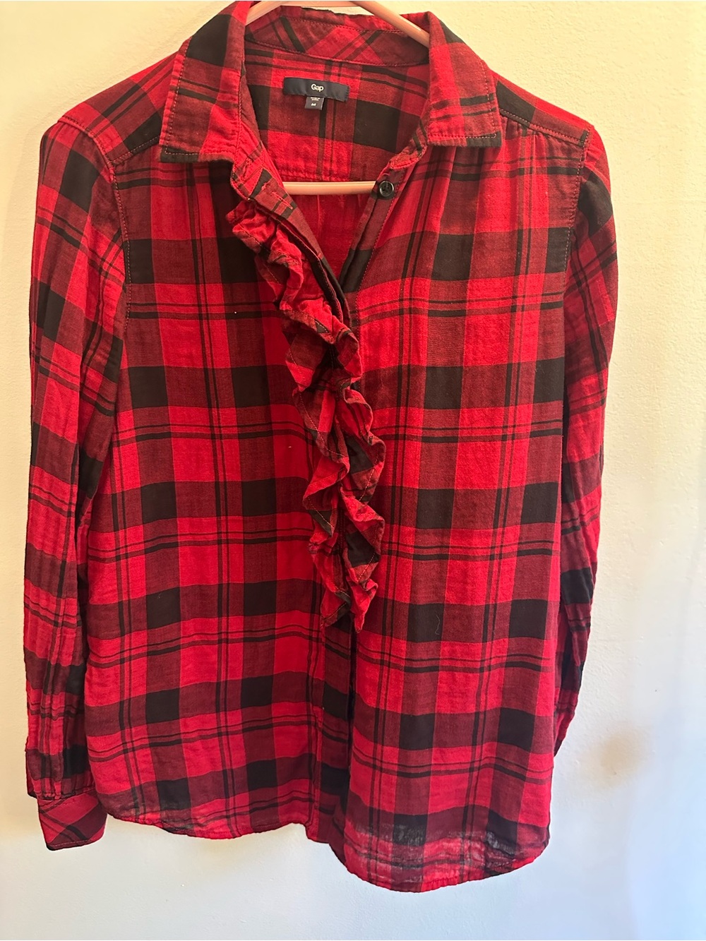 GAP Red and Black Plaid Ruffle-Front Button-Down Shirt